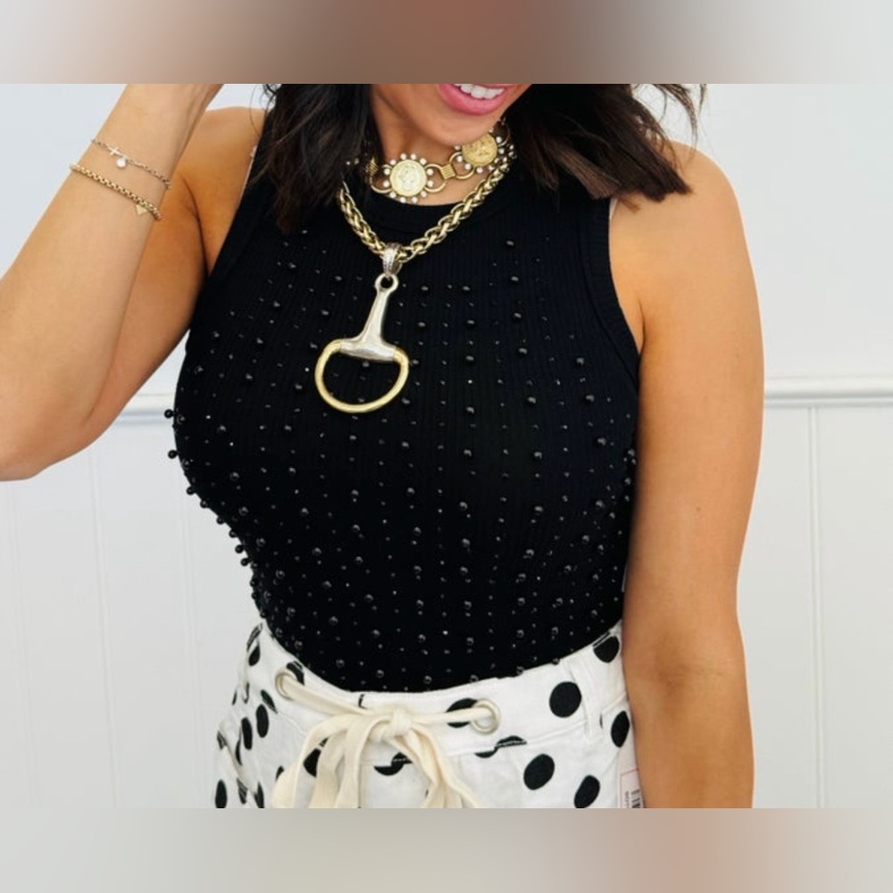 NWT White Birch Pearl & Rhinestone Black Sleeveless Top. Can wear up. - Picture 2 of 5